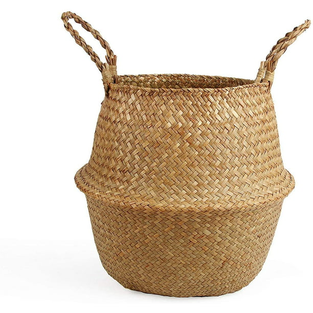LE TAUCI Plant Basket with Tray, Woven Seagrass Belly Baskets, Decorate Artificial Tree, Home Boho Decor, Storage Laundry Picnic Grocery Straw Bag（1 Basket & 1 Plastic Tray, Large, Black Flower 